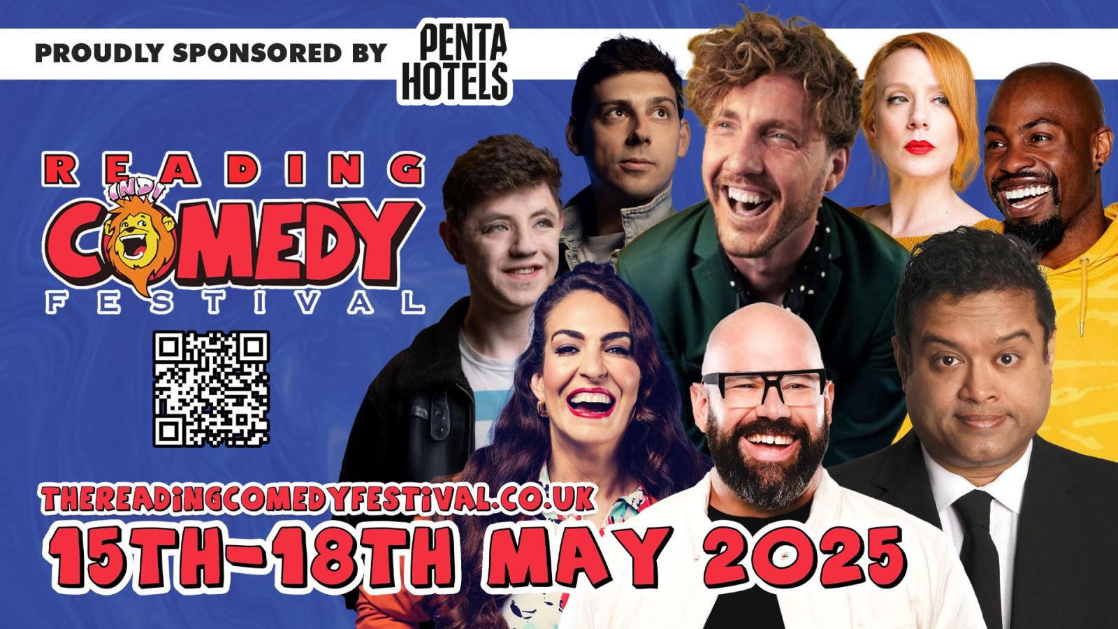 Comedians on a blue background with Reading Indie Comedy Festival logo